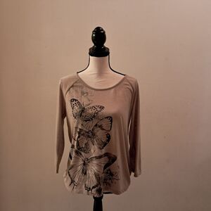 Faded Glory top women's medium M tan butterfly print rhinestones y2k 00s boho